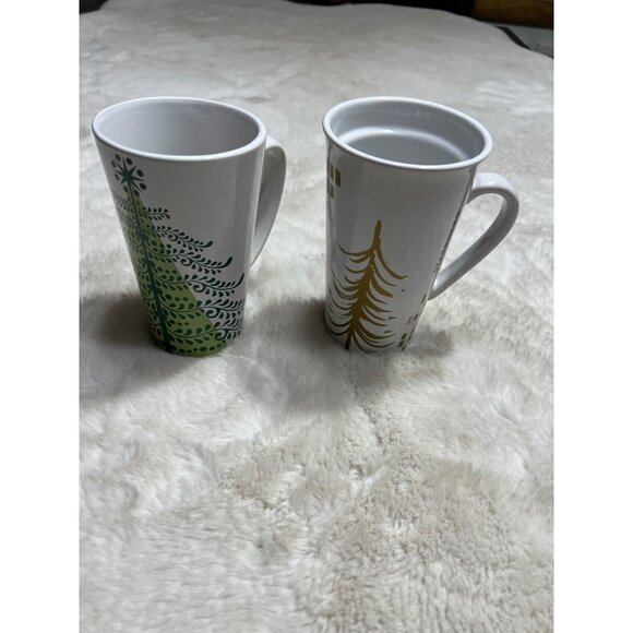 Starbucks Holiday Tree Mug Set Of two 12oz Ceramic Coffee Mugs Gold & Green Desi - Picture 1 of 9
